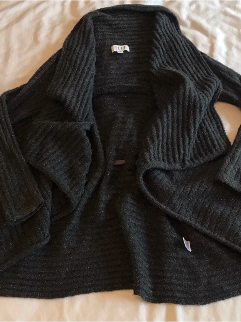 Elle Black Ribbed Open-Front Cardigan Sweater
